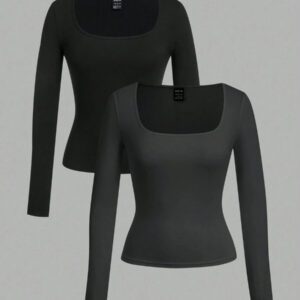 SHEIN EZwear 2 pièces/set T-shirt décontracté à manches longues et col carré moulant pour femme, adapté pour l'été