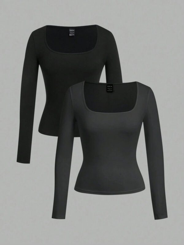 SHEIN EZwear 2 pièces/set T-shirt décontracté à manches longues et col carré moulant pour femme, adapté pour l'été – Image 36