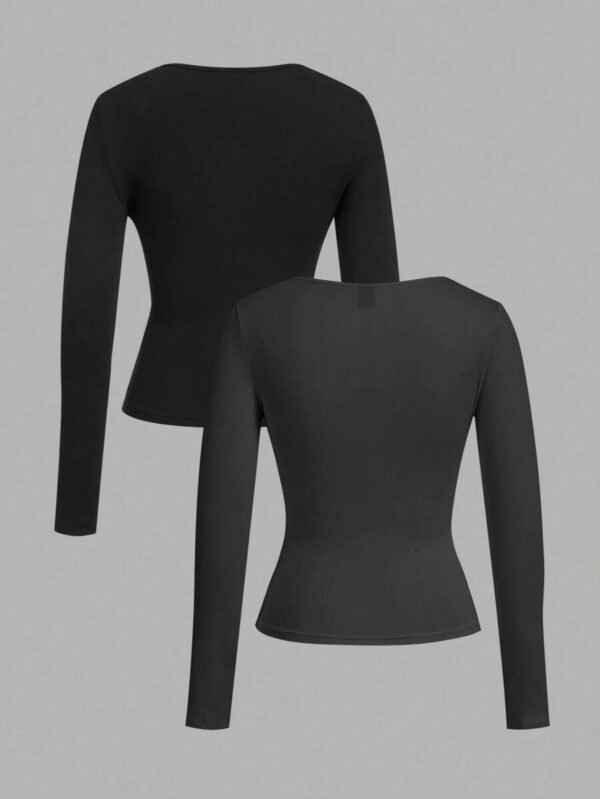 SHEIN EZwear 2 pièces/set T-shirt décontracté à manches longues et col carré moulant pour femme, adapté pour l'été – Image 37