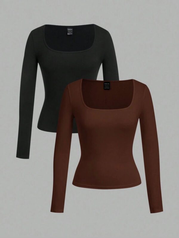 SHEIN EZwear 2 pièces/set T-shirt décontracté à manches longues et col carré moulant pour femme, adapté pour l'été – Image 44