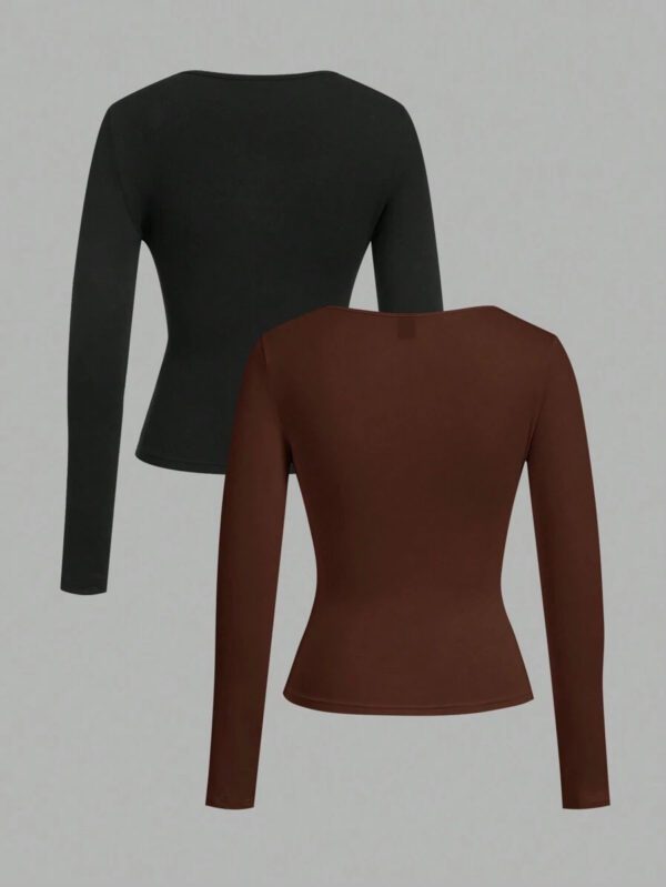 SHEIN EZwear 2 pièces/set T-shirt décontracté à manches longues et col carré moulant pour femme, adapté pour l'été – Image 45