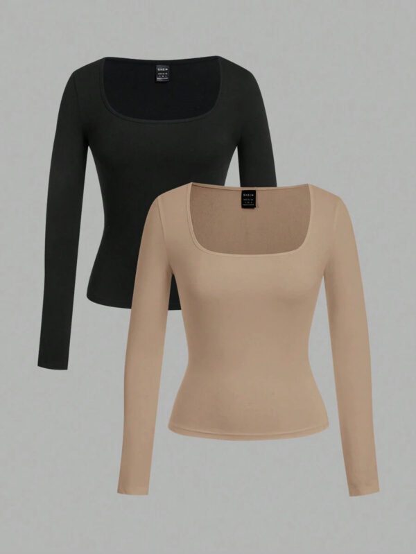 SHEIN EZwear 2 pièces/set T-shirt décontracté à manches longues et col carré moulant pour femme, adapté pour l'été – Image 52