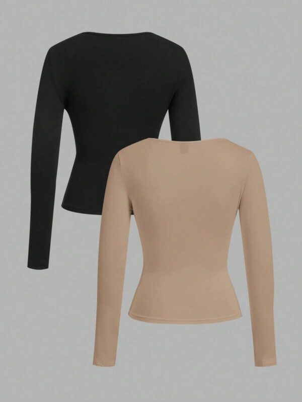 SHEIN EZwear 2 pièces/set T-shirt décontracté à manches longues et col carré moulant pour femme, adapté pour l'été – Image 53