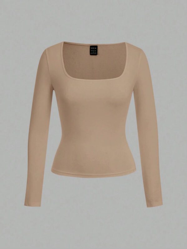 SHEIN EZwear 2 pièces/set T-shirt décontracté à manches longues et col carré moulant pour femme, adapté pour l'été – Image 56