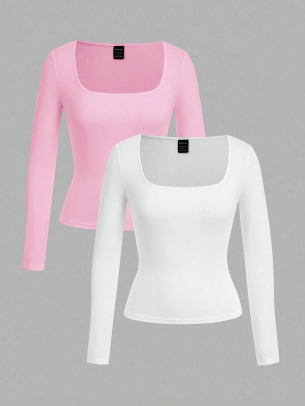SHEIN EZwear 2 pièces/set T-shirt décontracté à manches longues et col carré moulant pour femme, adapté pour l'été – Image 60