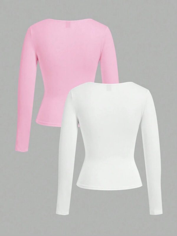 SHEIN EZwear 2 pièces/set T-shirt décontracté à manches longues et col carré moulant pour femme, adapté pour l'été – Image 61
