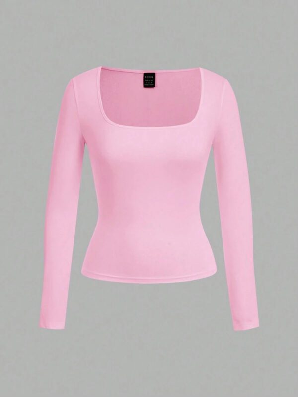 SHEIN EZwear 2 pièces/set T-shirt décontracté à manches longues et col carré moulant pour femme, adapté pour l'été – Image 66