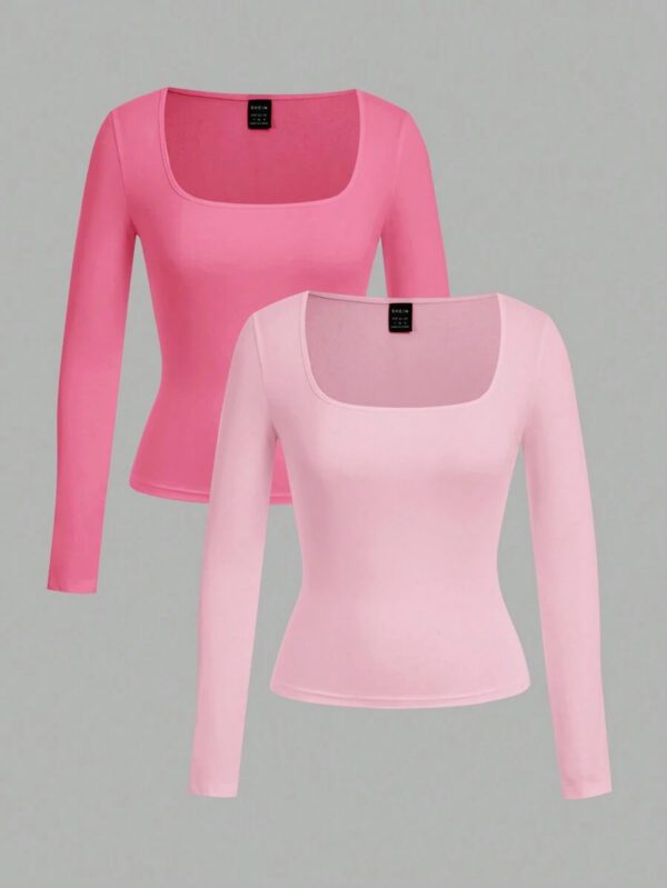 SHEIN EZwear 2 pièces/set T-shirt décontracté à manches longues et col carré moulant pour femme, adapté pour l'été – Image 71