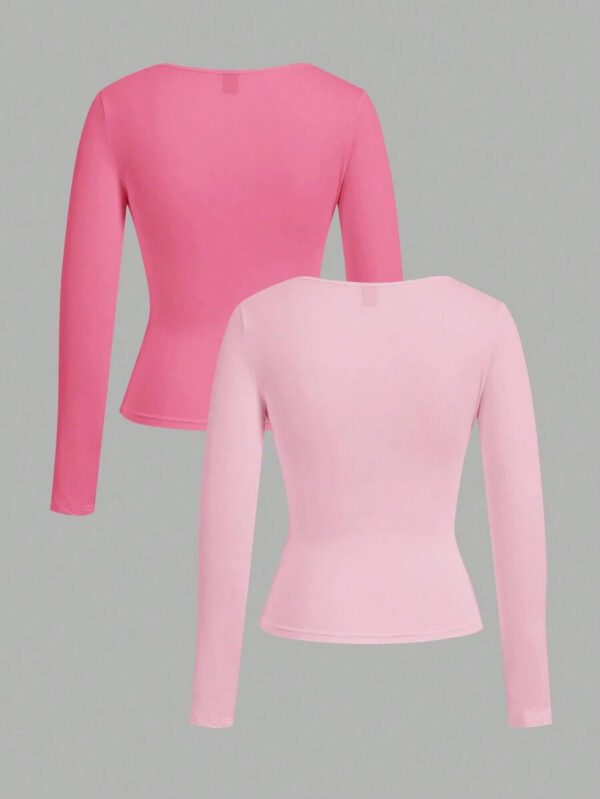 SHEIN EZwear 2 pièces/set T-shirt décontracté à manches longues et col carré moulant pour femme, adapté pour l'été – Image 72