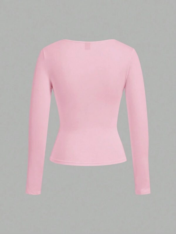 SHEIN EZwear 2 pièces/set T-shirt décontracté à manches longues et col carré moulant pour femme, adapté pour l'été – Image 73