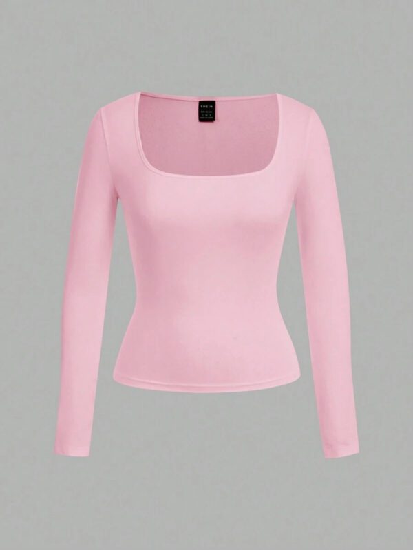 SHEIN EZwear 2 pièces/set T-shirt décontracté à manches longues et col carré moulant pour femme, adapté pour l'été – Image 76