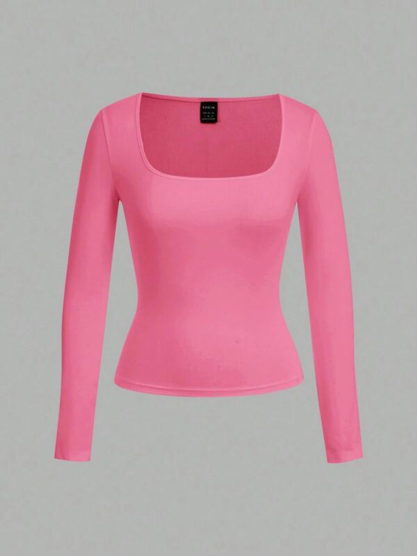 SHEIN EZwear 2 pièces/set T-shirt décontracté à manches longues et col carré moulant pour femme, adapté pour l'été – Image 77
