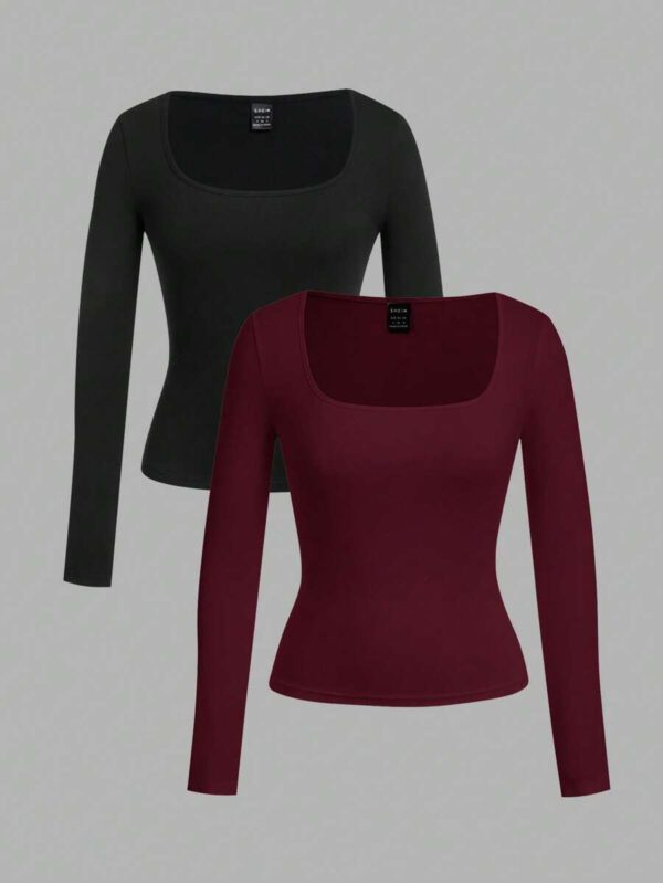 SHEIN EZwear 2 pièces/set T-shirt décontracté à manches longues et col carré moulant pour femme, adapté pour l'été – Image 82