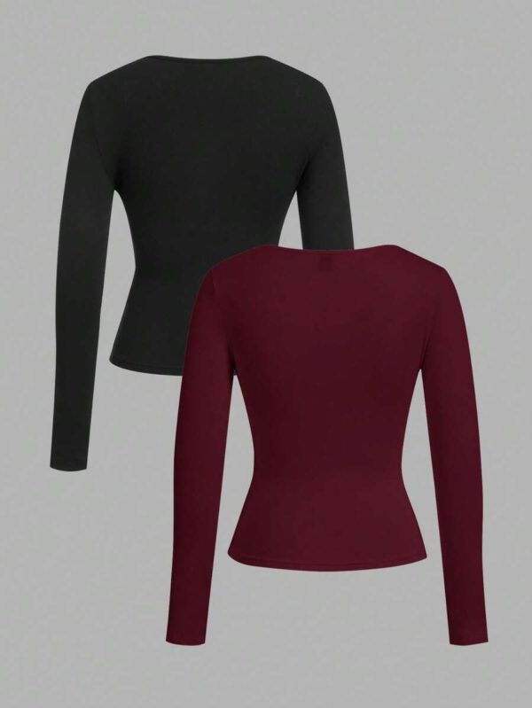 SHEIN EZwear 2 pièces/set T-shirt décontracté à manches longues et col carré moulant pour femme, adapté pour l'été – Image 83