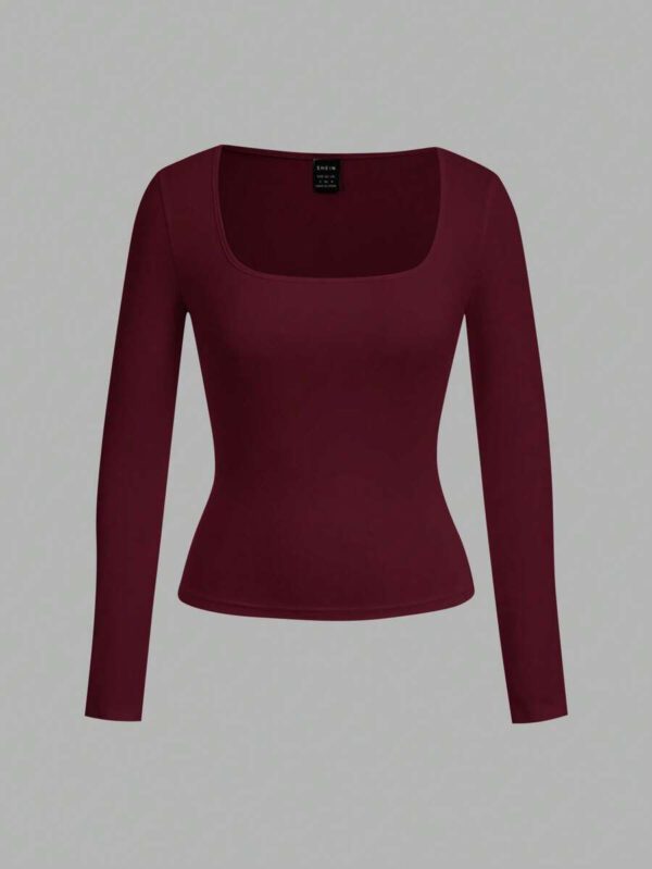 SHEIN EZwear 2 pièces/set T-shirt décontracté à manches longues et col carré moulant pour femme, adapté pour l'été – Image 87