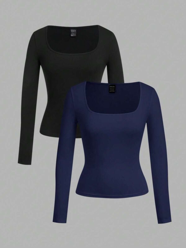 SHEIN EZwear 2 pièces/set T-shirt décontracté à manches longues et col carré moulant pour femme, adapté pour l'été – Image 94