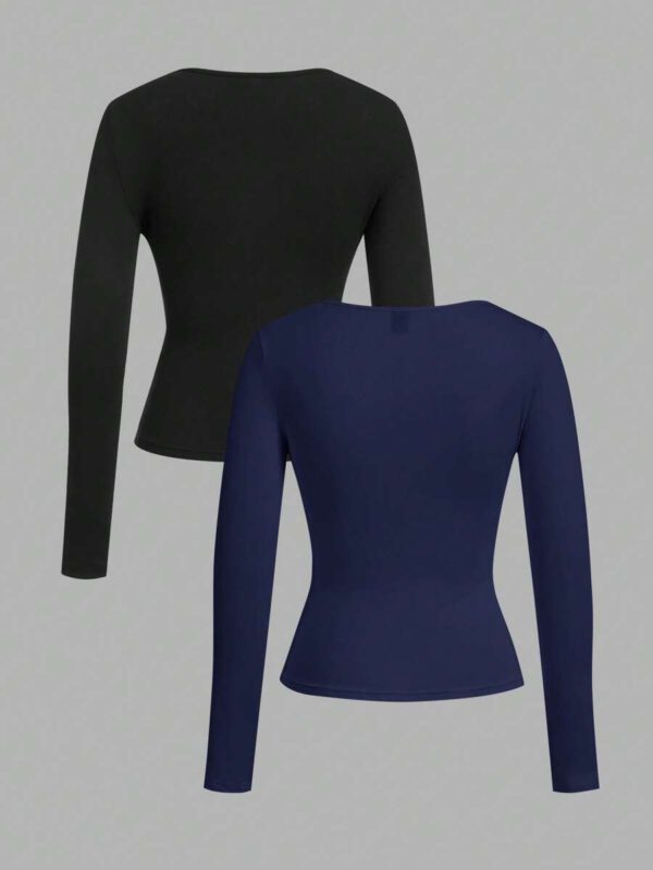 SHEIN EZwear 2 pièces/set T-shirt décontracté à manches longues et col carré moulant pour femme, adapté pour l'été – Image 95