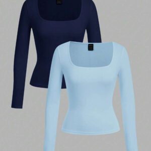 SHEIN EZwear 2 pièces/set T-shirt décontracté à manches longues et col carré moulant pour femme, adapté pour l'été