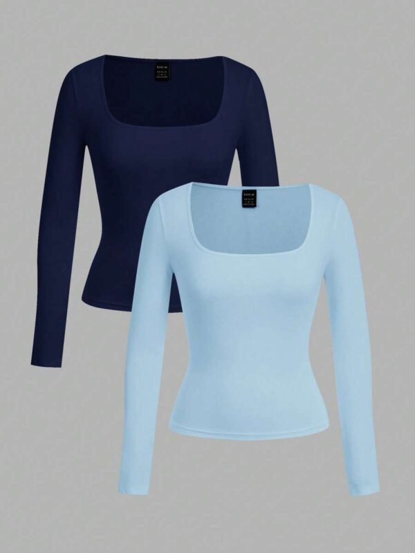 SHEIN EZwear 2 pièces/set T-shirt décontracté à manches longues et col carré moulant pour femme, adapté pour l'été – Image 105