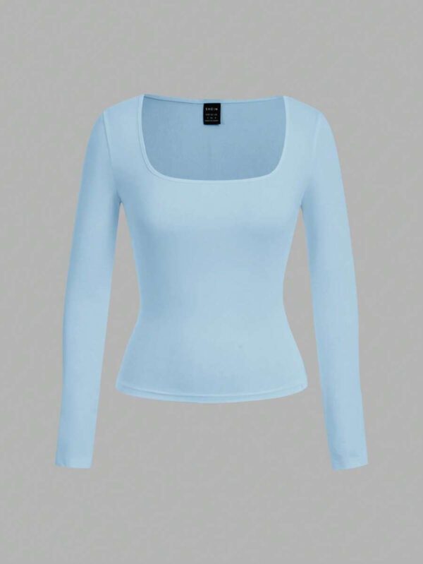 SHEIN EZwear 2 pièces/set T-shirt décontracté à manches longues et col carré moulant pour femme, adapté pour l'été – Image 110