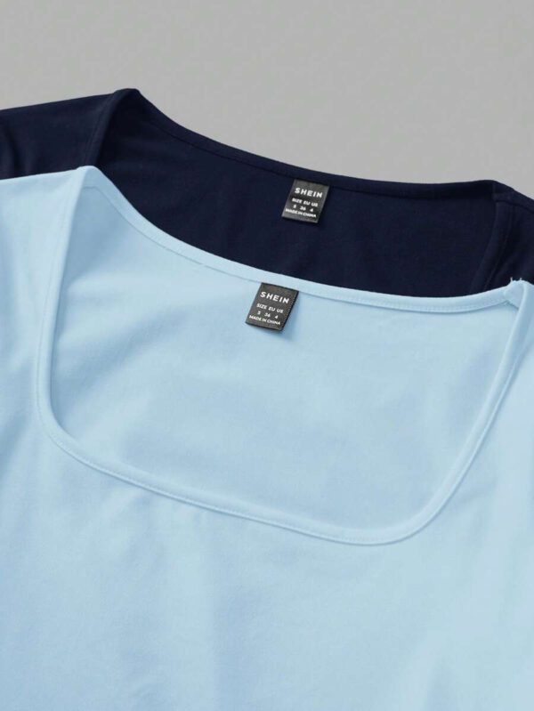 SHEIN EZwear 2 pièces/set T-shirt décontracté à manches longues et col carré moulant pour femme, adapté pour l'été – Image 114