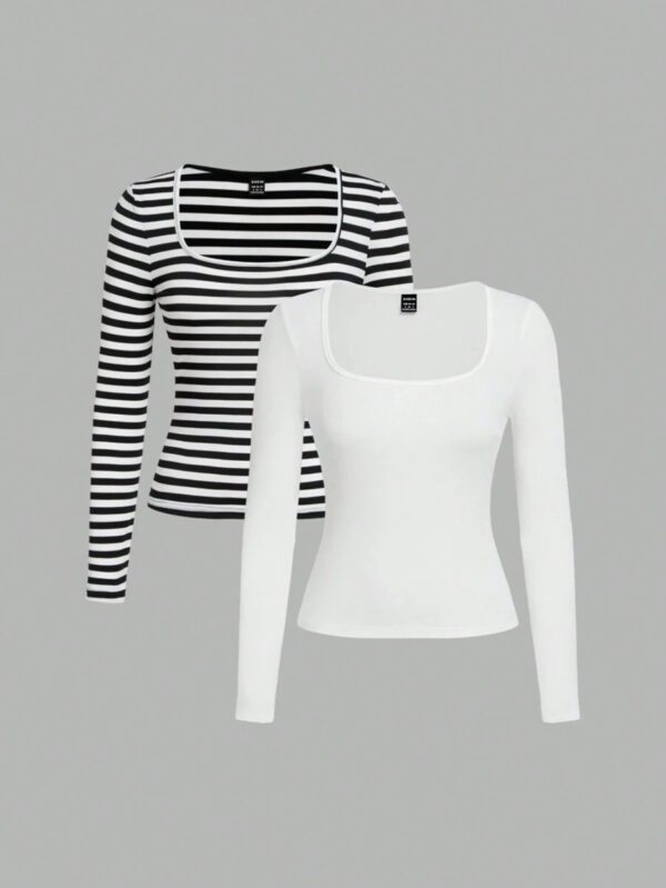 SHEIN EZwear 2 pièces/set T-shirt décontracté à manches longues et col carré moulant pour femme, adapté pour l'été – Image 116