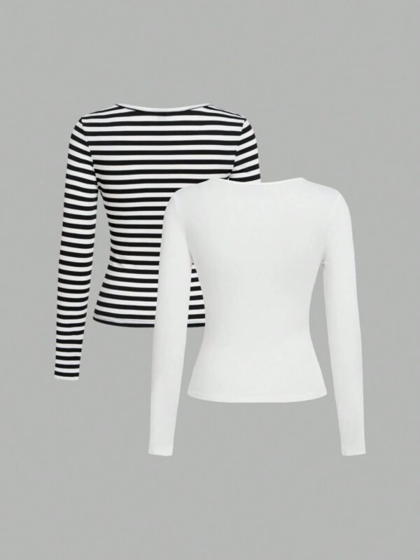 SHEIN EZwear 2 pièces/set T-shirt décontracté à manches longues et col carré moulant pour femme, adapté pour l'été – Image 117