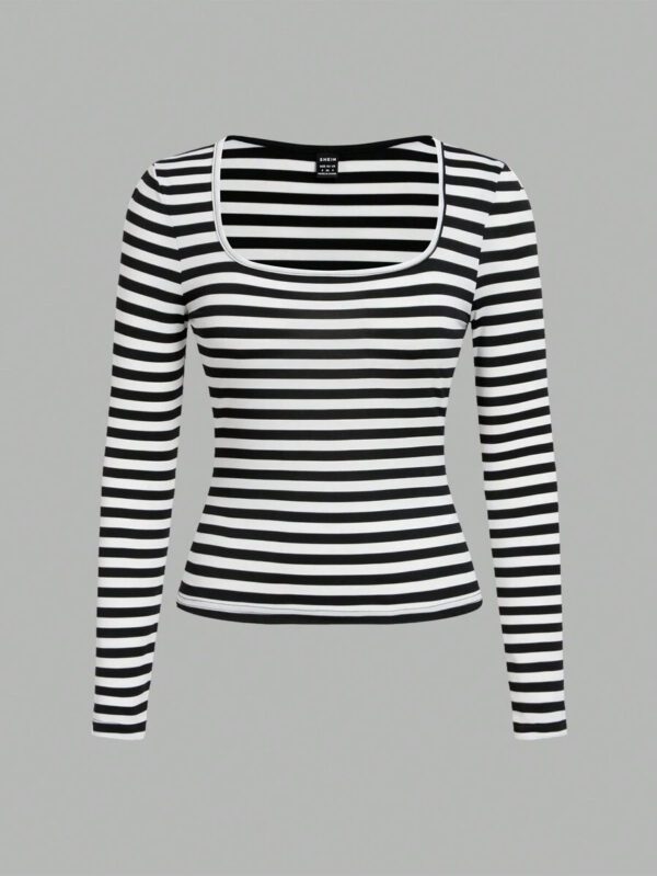 SHEIN EZwear 2 pièces/set T-shirt décontracté à manches longues et col carré moulant pour femme, adapté pour l'été – Image 120