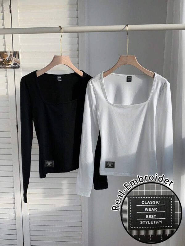 SHEIN EZwear 2 pièces/set T-shirt décontracté à manches longues et col carré moulant pour femme, adapté pour l'été – Image 126