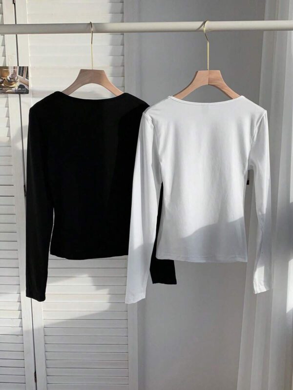 SHEIN EZwear 2 pièces/set T-shirt décontracté à manches longues et col carré moulant pour femme, adapté pour l'été – Image 127