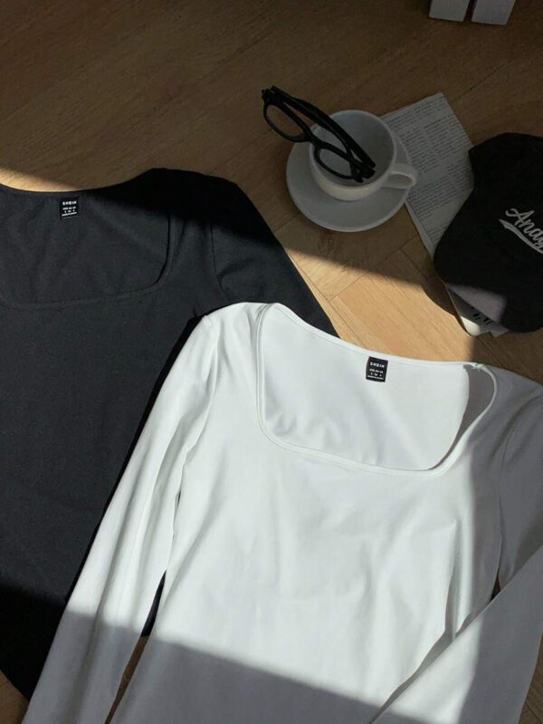 SHEIN EZwear 2 pièces/set T-shirt décontracté à manches longues et col carré moulant pour femme, adapté pour l'été – Image 128