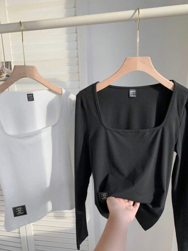 SHEIN EZwear 2 pièces/set T-shirt décontracté à manches longues et col carré moulant pour femme, adapté pour l'été – Image 130