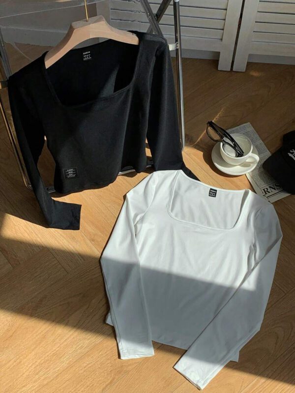 SHEIN EZwear 2 pièces/set T-shirt décontracté à manches longues et col carré moulant pour femme, adapté pour l'été – Image 131