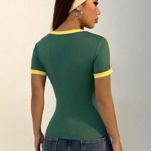 Flirla T-shirt graphique à col en V casual et sport pour femmes, manches courtes avec color block brésilien