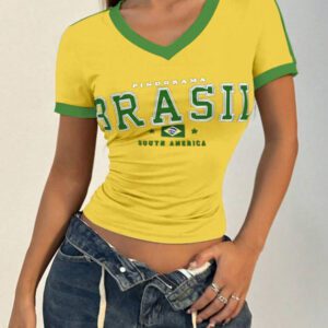 Flirla T-shirt graphique à col en V casual et sport pour femmes, manches courtes avec color block brésilien