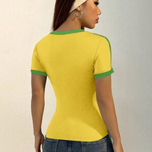 Flirla T-shirt graphique à col en V casual et sport pour femmes, manches courtes avec color block brésilien