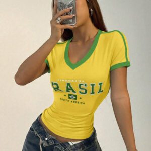 Flirla T-shirt graphique à col en V casual et sport pour femmes, manches courtes avec color block brésilien