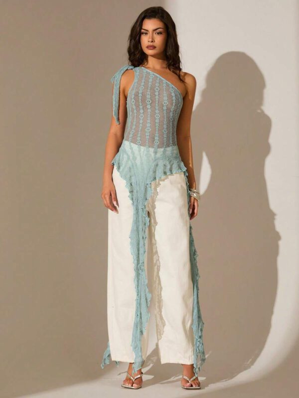 Glamine Top transparent pour femmes avec volants, bretelles asymétriques obliques, texture jacquard pour le printemps et l'été – Image 22