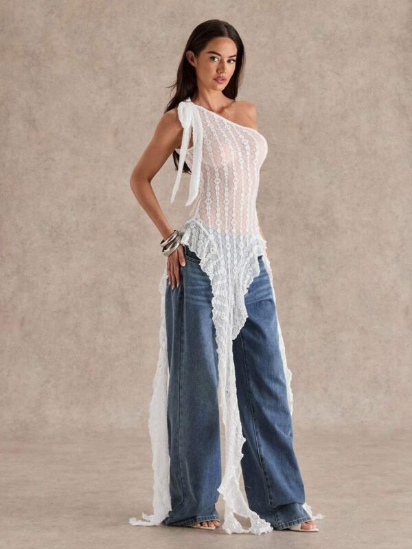 Glamine Top transparent pour femmes avec volants, bretelles asymétriques obliques, texture jacquard pour le printemps et l'été – Image 24