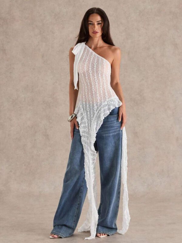 Glamine Top transparent pour femmes avec volants, bretelles asymétriques obliques, texture jacquard pour le printemps et l'été – Image 26