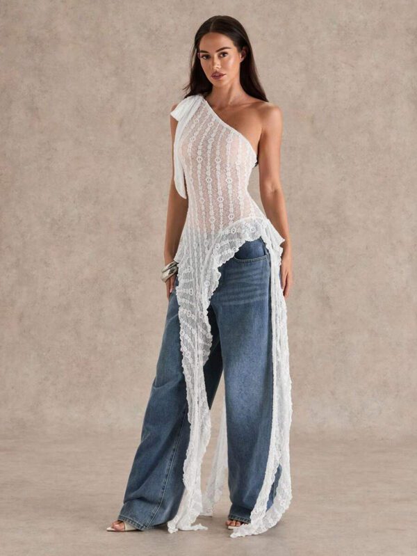 Glamine Top transparent pour femmes avec volants, bretelles asymétriques obliques, texture jacquard pour le printemps et l'été – Image 28