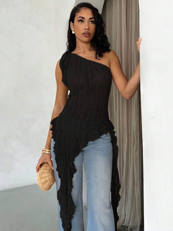 Glamine Top transparent pour femmes avec volants, bretelles asymétriques obliques, texture jacquard pour le printemps et l'été – Image 34