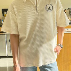 DAZY Homme Polo En Coton À Lettres Zippé Épaule Tombante