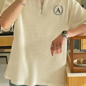 DAZY Homme Polo En Coton À Lettres Zippé Épaule Tombante