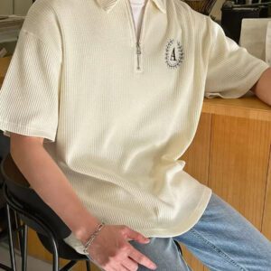 DAZY Homme Polo En Coton À Lettres Zippé Épaule Tombante