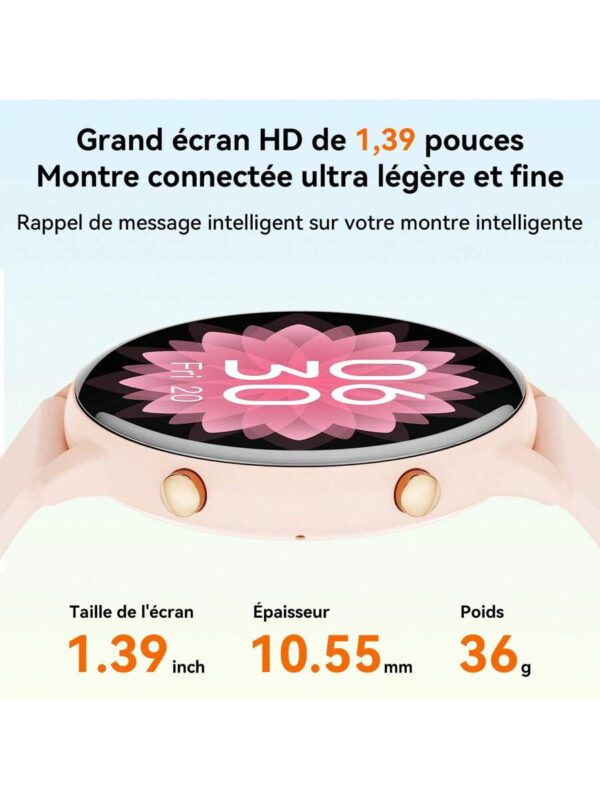 Montre connectée ronde HD de 1,39 pouce, batterie 210mAh, cadeau pour mères. Fonction d'appel (recevoir/passer des appels), assistant vocal IA/lecteur musical, montre de fitness pour femme, traqueur d'activité. Montre connectée pour hommes avec modes sportifs multiples pour Android et iOS – Image 3
