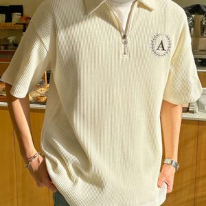 DAZY Homme Polo En Coton À Lettres Zippé Épaule Tombante