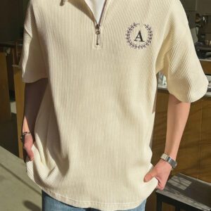 DAZY Homme Polo En Coton À Lettres Zippé Épaule Tombante