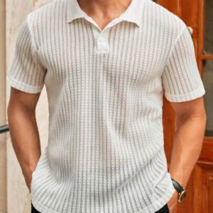 HIMLAND Chemise polo à manches courtes ajustée, à mailles ajourées, pour hommes, style casual
