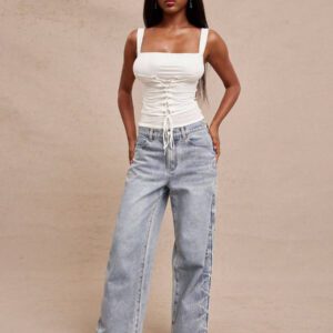 NYA SZN Débardeur à encolure carrée, couleur unie, corset à œillets. Tenue de vacances, de rencard, de tous les jours, casual, streetwear, pour l'automne et l'été, pour femmes